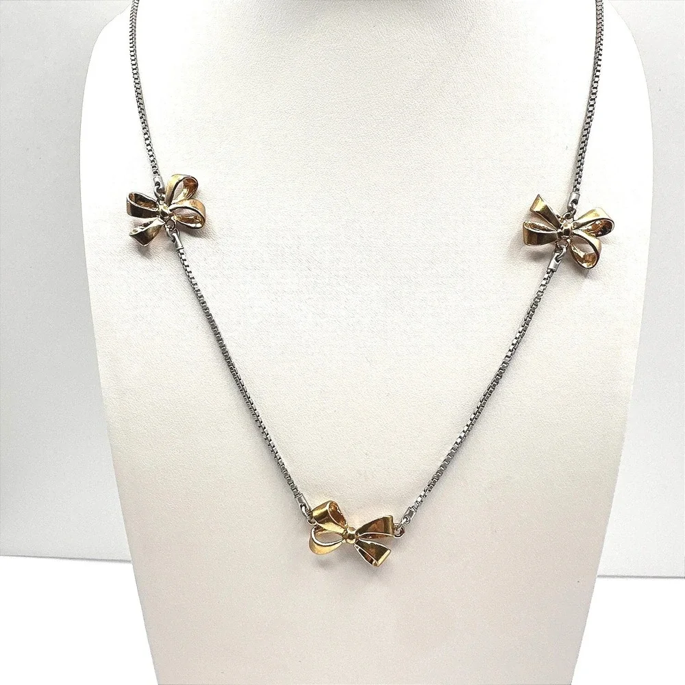 Vintage 90s Y2K Gold Tone Bow Station‎ Necklace Box Chain Lobster Boho Jewelry